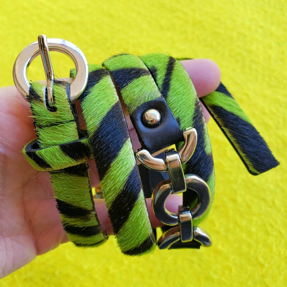 Carlisle Neon Green and Black Striped Haircalf Belt with Gold Accents